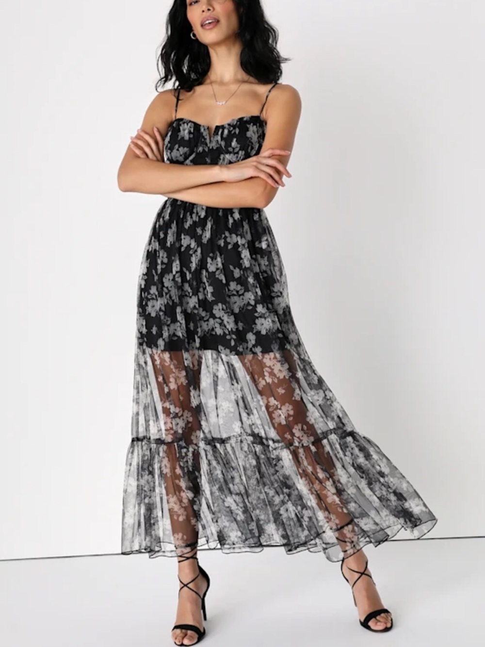 Sheer Floral Black Maxi Dress with Spaghetti Straps